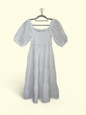 White Cottagecore Milkmaid Coquette Tiered Smocked Puff Sleeve Dress